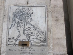 A memento mori of a skeleton on Santa Maria dell'Orazione e Morti