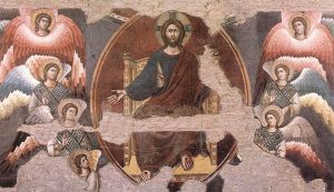 A close-up view of Jesus in the Last Judgement fresco inside Santa Cecilia in Trastevere