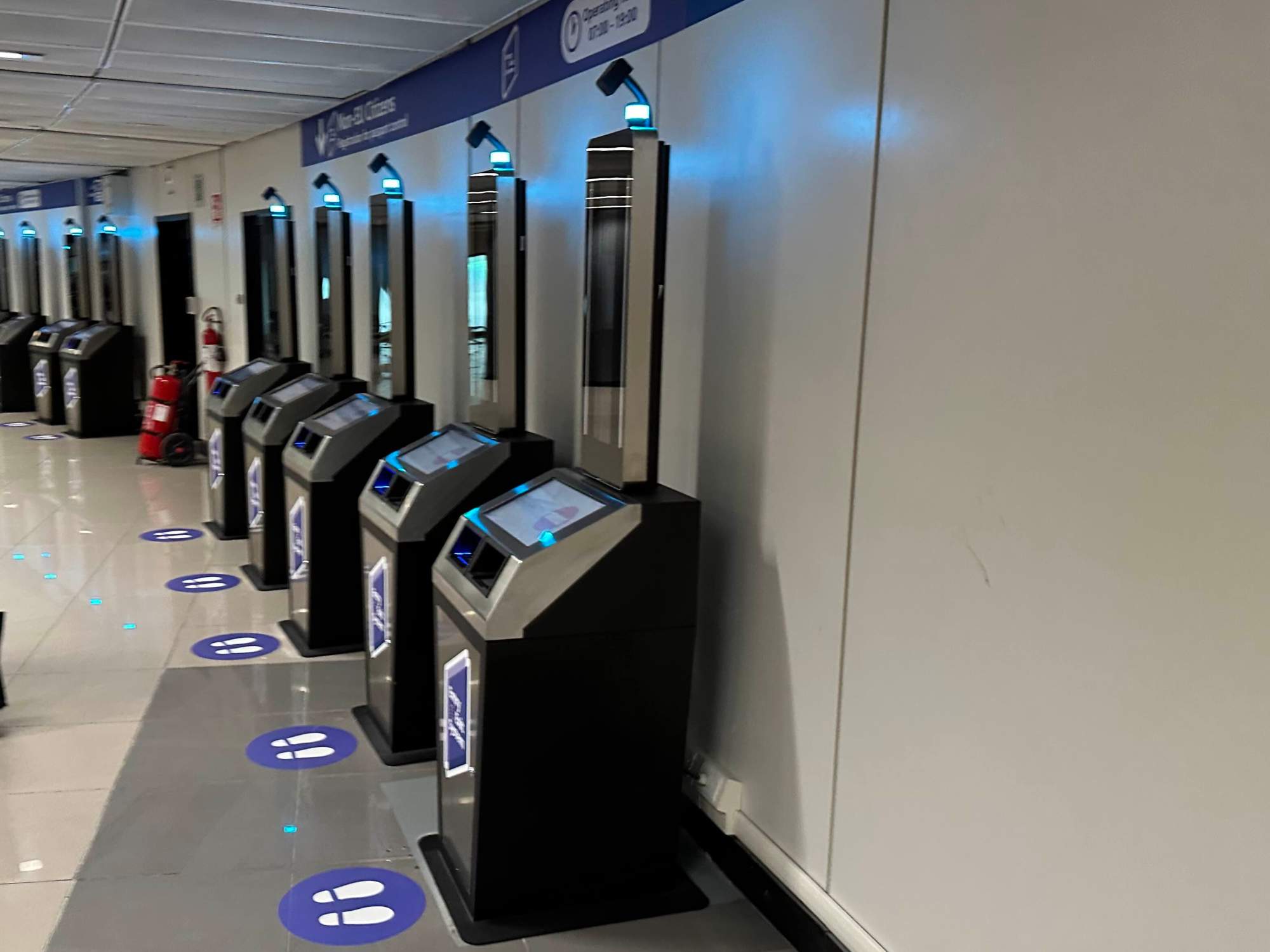 A row of unused EES kiosks.